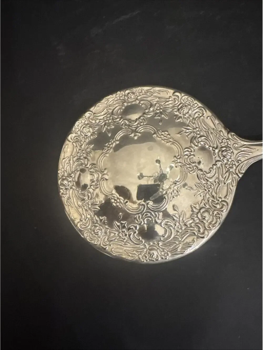 Antique Victorian Vanity Mirror Silver Plate Ornate Roses 9.25” x 5.5” VG Cond